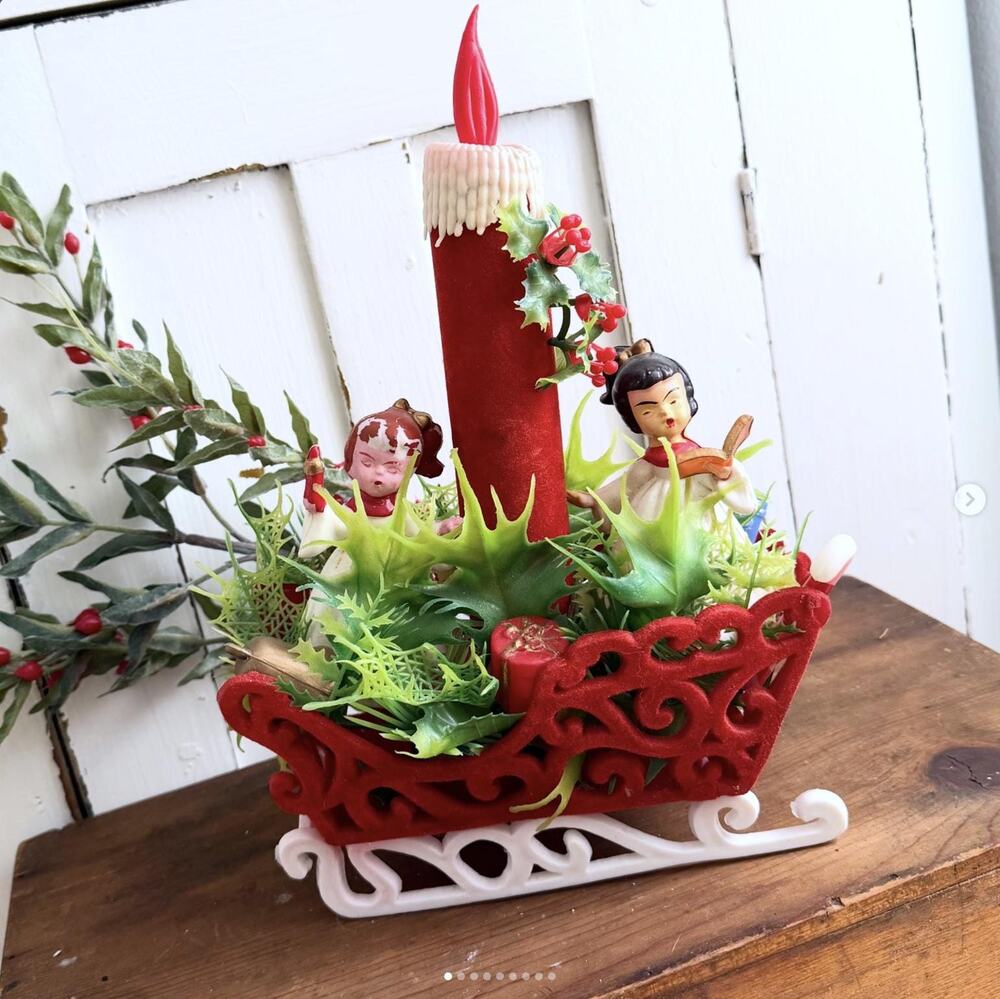Vintage Christmas Flocked Plastic Sleigh Two Choir Girls Candle Greenery
